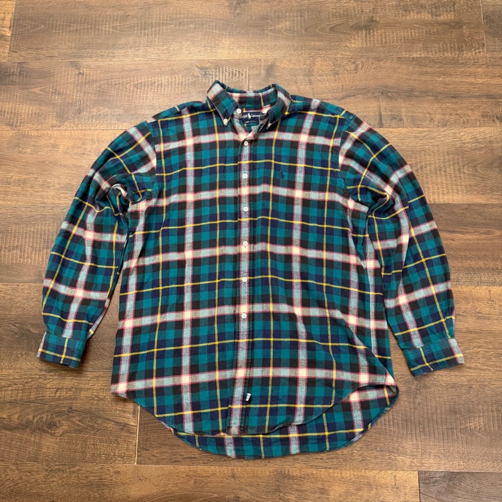 Polo Ralph Lauren Mens XL Plaid Flannel Button Down Shirt Teal Navy Pink Cotton